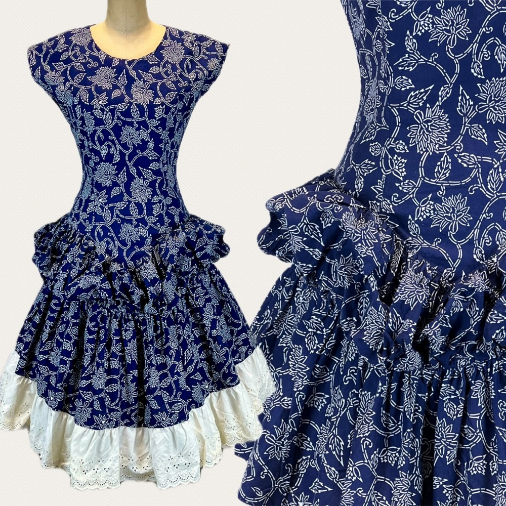 VINTAGE 80s balloon peplum bubble dress fit flare lace ruffle 100% cotton floral